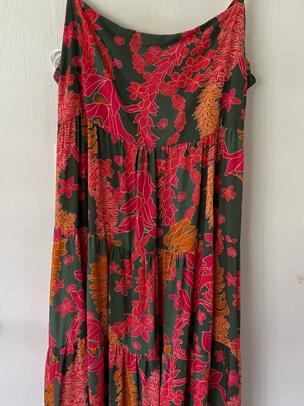 Flowy Tiered Maxi Skirt in Green with Pink & Orange Floral Print